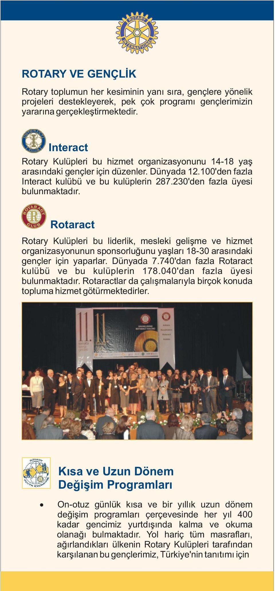 Rotaract Rotary Kulüpleri bu liderlik, mesleki geliþme ve hizmet organizasyonunun sponsorluðunu yaþlarý 18-30 arasýndaki gençler için yaparlar. Dünyada 7.