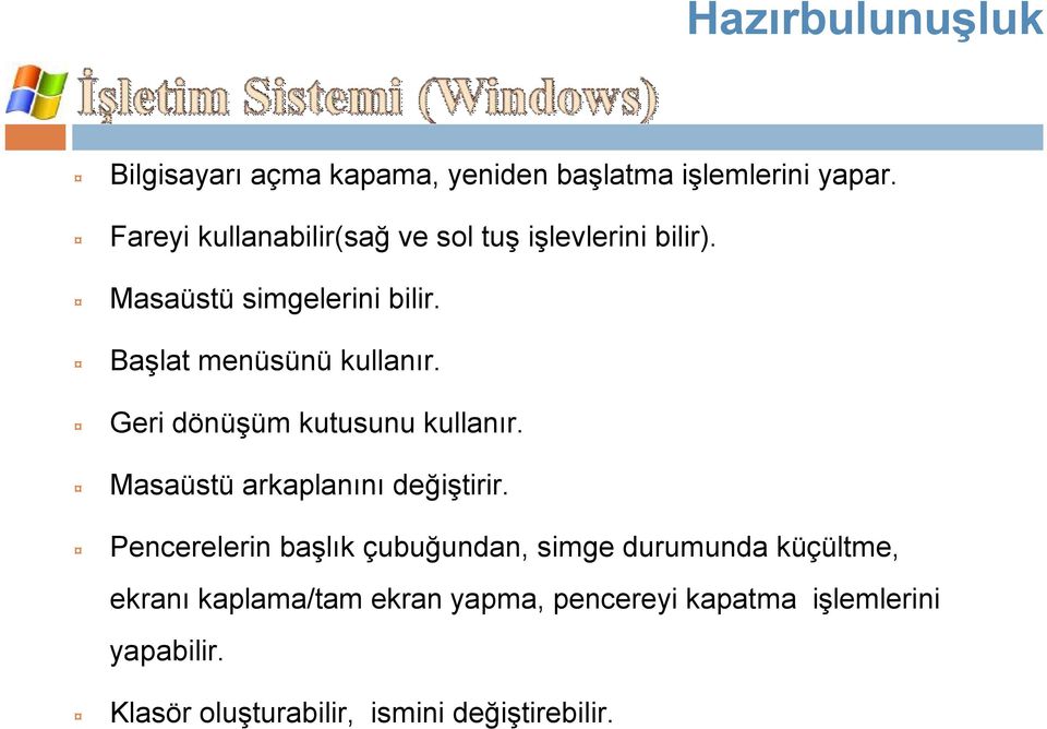 Geri dönüşüm kutusunu kullanır. Masaüstü arkaplanını değiştirir.