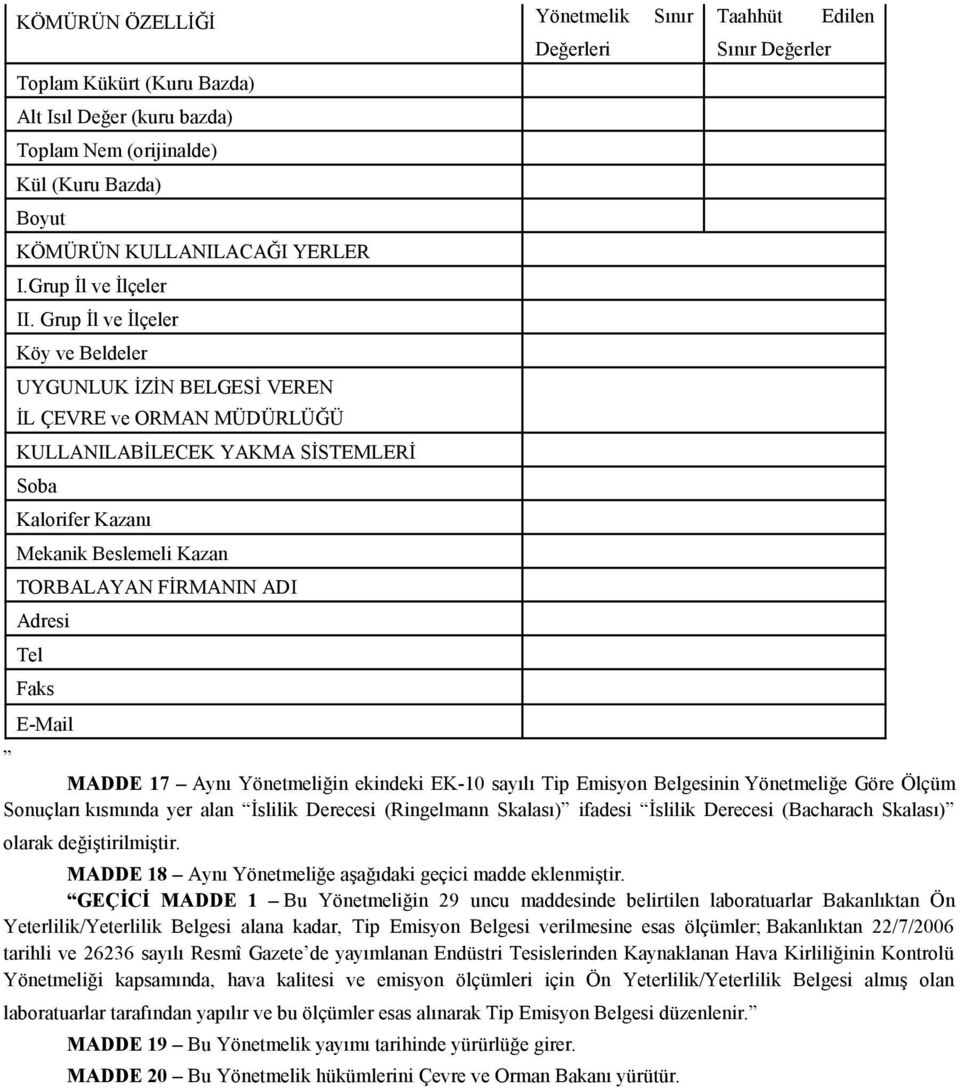 Adresi Tel Faks E-Mail Değerleri Taahhüt Sınır Değerler Edilen MADDE 17 Aynı Yönetmeliğin ekindeki EK-10 sayılı Tip Emisyon Belgesinin Yönetmeliğe Göre Ölçüm Sonuçları kısmında yer alan (Ringelmann
