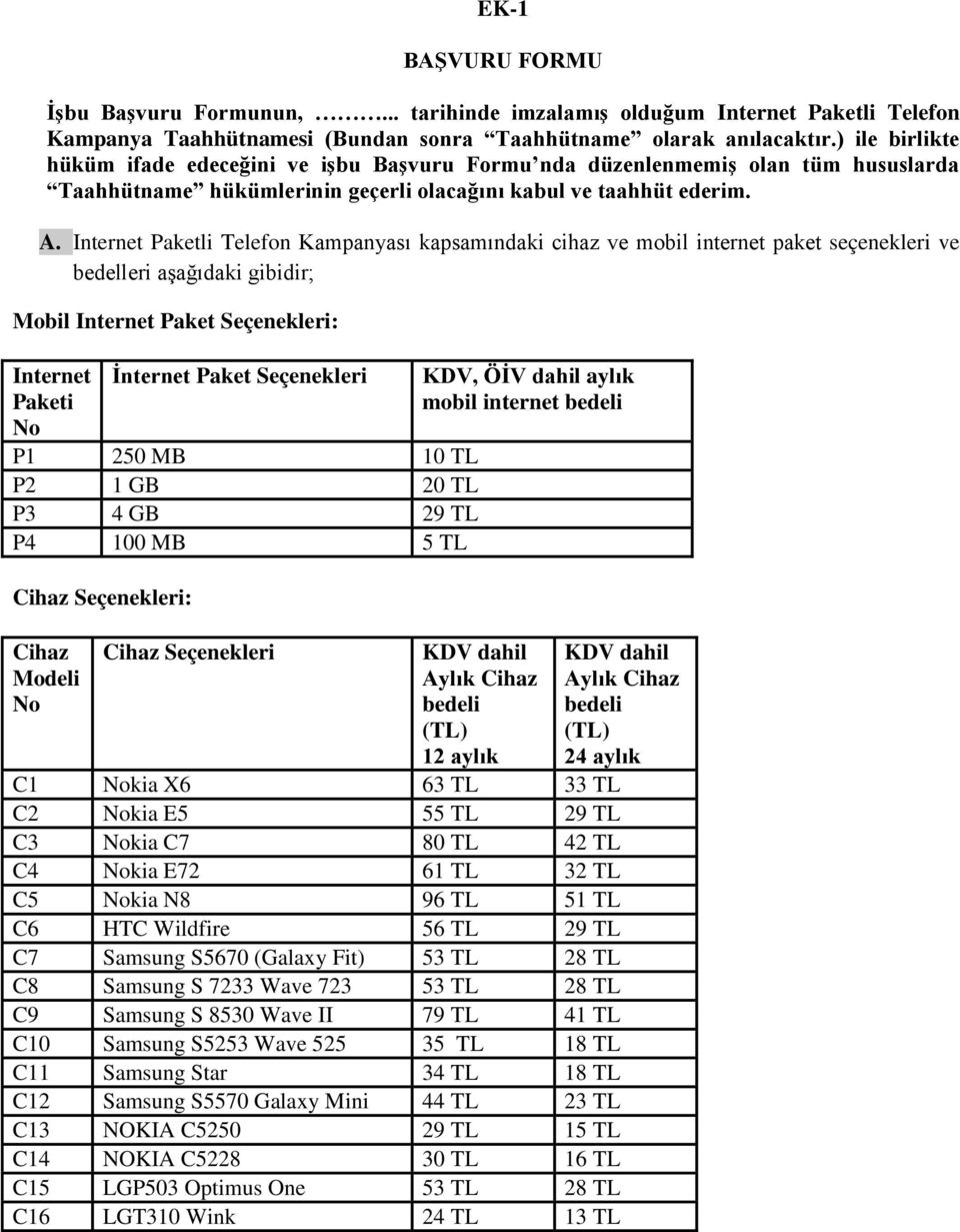 Internet Paketli Telefon Kampanyası kapsamındaki cihaz ve mobil internet paket seçenekleri ve bedelleri aşağıdaki gibidir; Mobil Internet Paket Seçenekleri: Internet Paketi No Ġnternet Paket