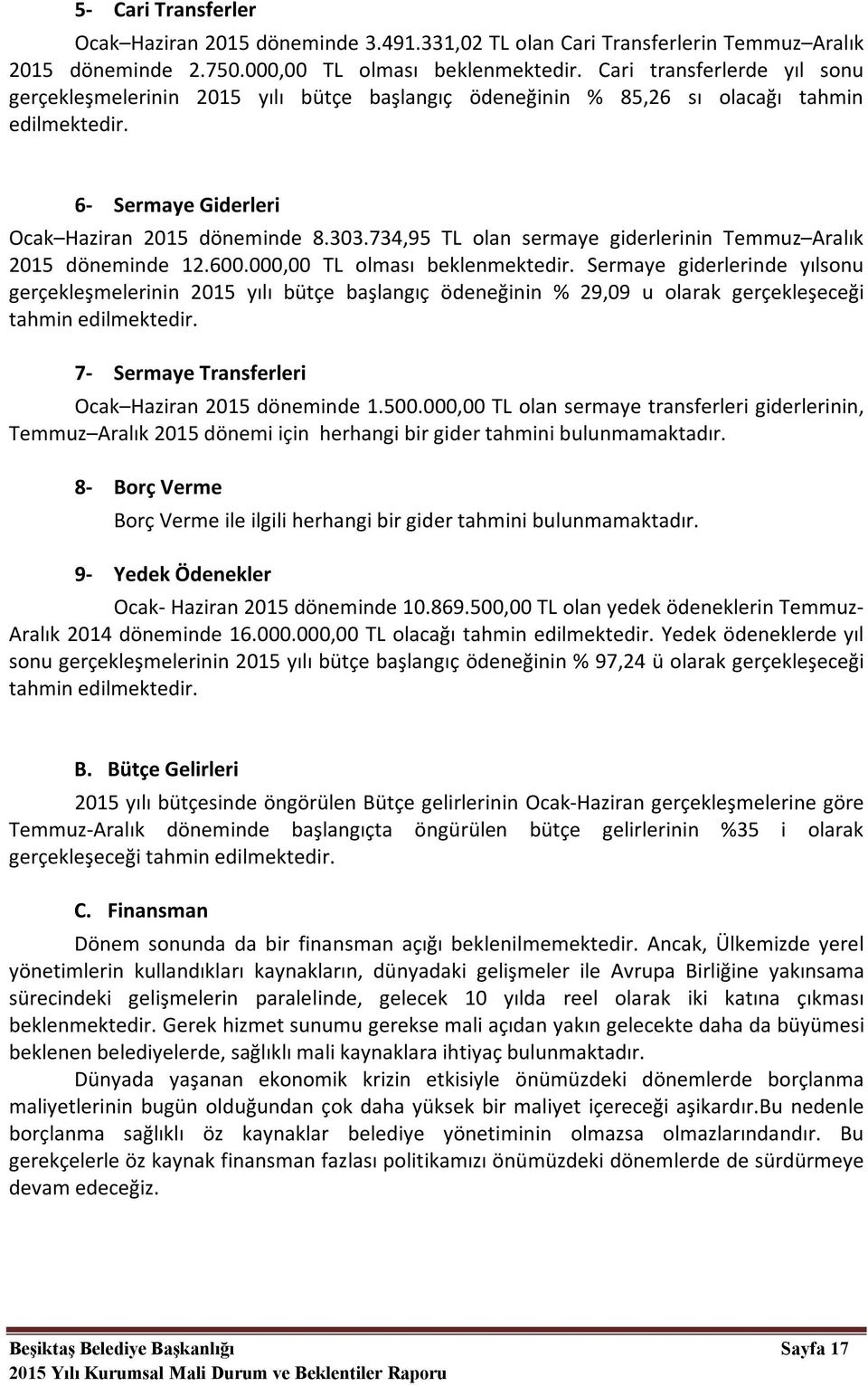 734,95 TL olan sermaye giderlerinin Temmuz Aralık 2015 döneminde 12.600.000,00 TL olması beklenmektedir.