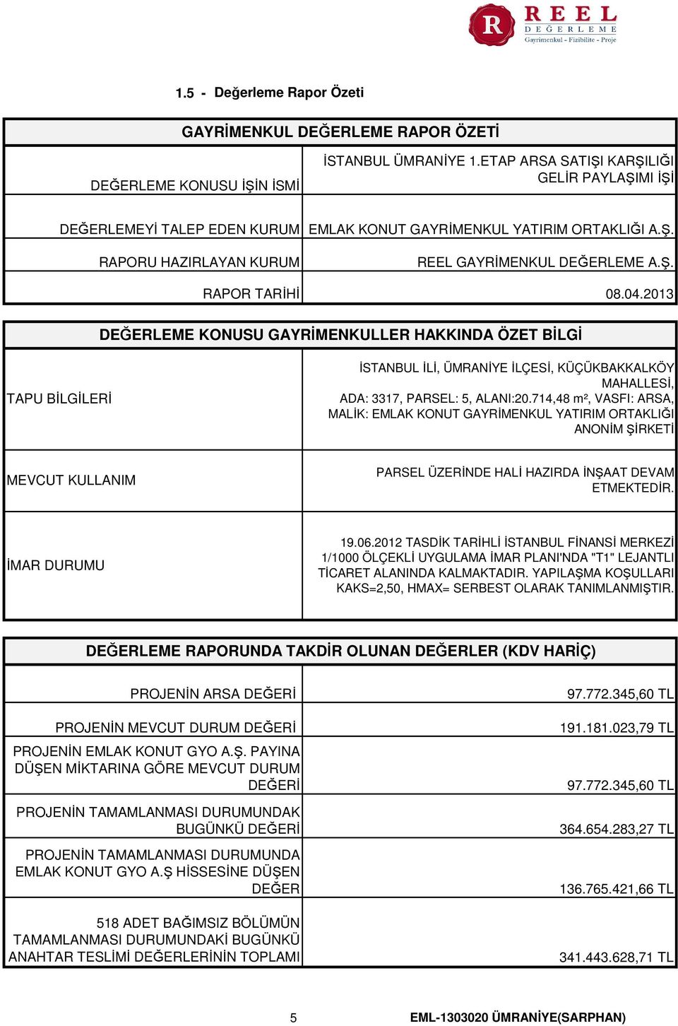 2013 DEĞERLEME KONUSU GAYRİMENKULLER HAKKINDA ÖZET BİLGİ TAPU BİLGİLERİ İSTANBUL İLİ, ÜMRANİYE İLÇESİ, KÜÇÜKBAKKALKÖY MAHALLESİ, ADA 3317, PARSEL 5, ALANI20.