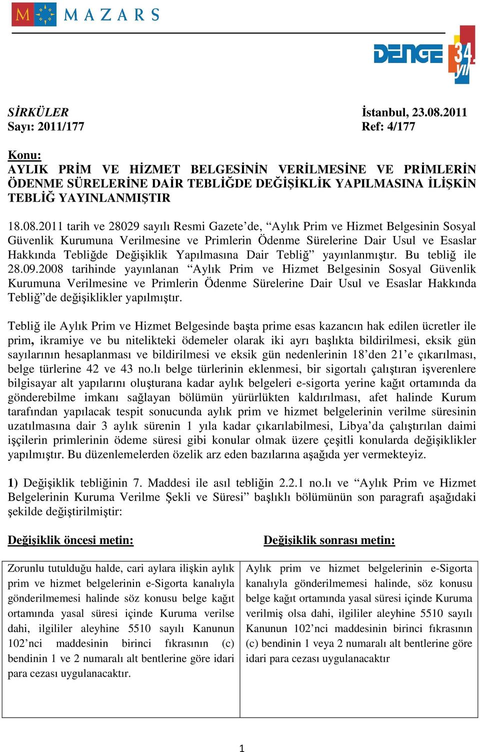 2011 tarih ve 28029 sayılı Resmi Gazete de, Aylık Prim ve Hizmet Belgesinin Sosyal Güvenlik Kurumuna Verilmesine ve Primlerin Ödenme Sürelerine Dair Usul ve Esaslar Hakkında Tebliğde Değişiklik