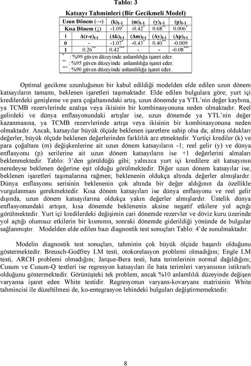 *** : %90 güven düzeyinde anlamlılığa işaret eder. Optimal gecikme uzunluğunun bir kabul edildiği modelden elde edilen uzun dönem katsayıların tamamı, beklenen işaretleri taşımaktadır.