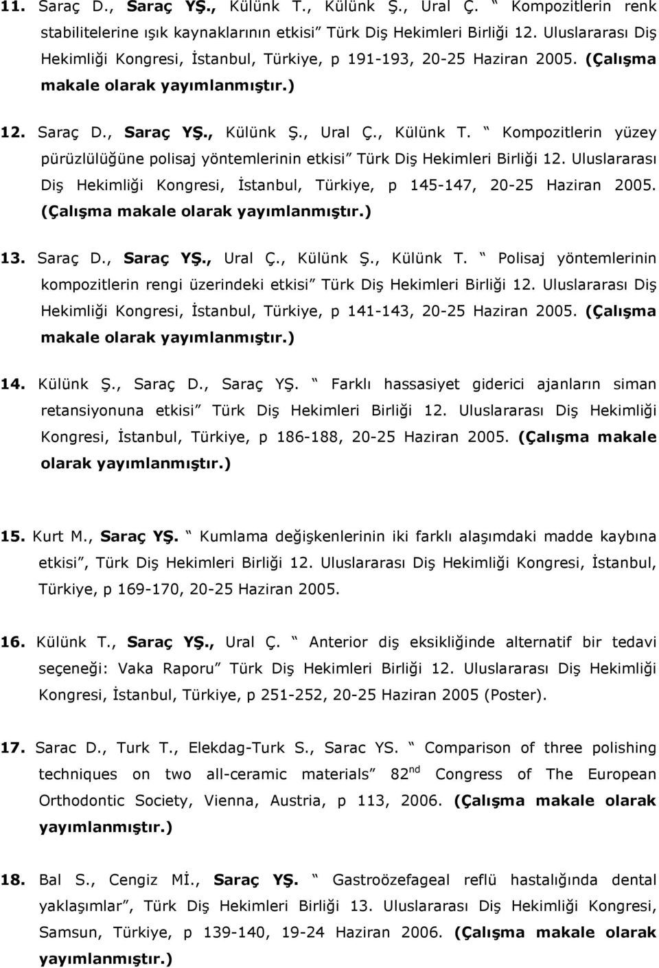 Kompozitlerin yüzey pürüzlülüğüne polisaj yöntemlerinin etkisi Türk Diş Hekimleri Birliği 12. Uluslararası Diş Hekimliği Kongresi, Đstanbul, Türkiye, p 145-147, 20-25 Haziran 2005.