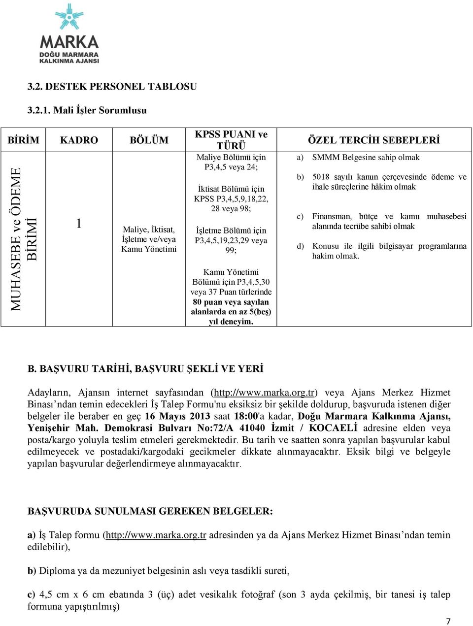 Bölümü için P3,4,5,30 veya 37 Puan türlerinde 80 puan veya sayılan a) SMMM Belgesine sahip olmak b) 5018 sayılı kanun çerçevesinde ödeme ve ihale süreçlerine hâkim olmak c) Finansman, bütçe ve kamu