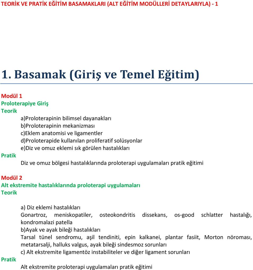 solüsyonlar e)diz ve omuz eklemi sık görülen hastalıkları Diz ve omuz bölgesi hastalıklarında proloterapi uygulamaları pratik eğitimi Modül 2 Alt ekstremite hastalıklarında proloterapi uygulamaları