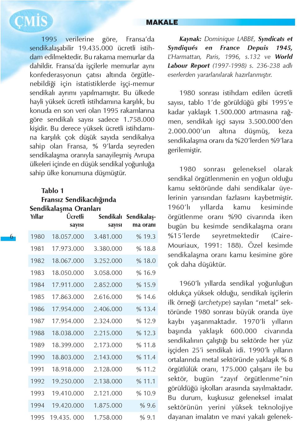 Bu ülkede hayli yüksek ücretli istihdamýna karþýlýk, bu konuda en son veri olan 1995 rakamlarýna göre sendikalý sayýsý sadece 1.758.000 kiþidir.