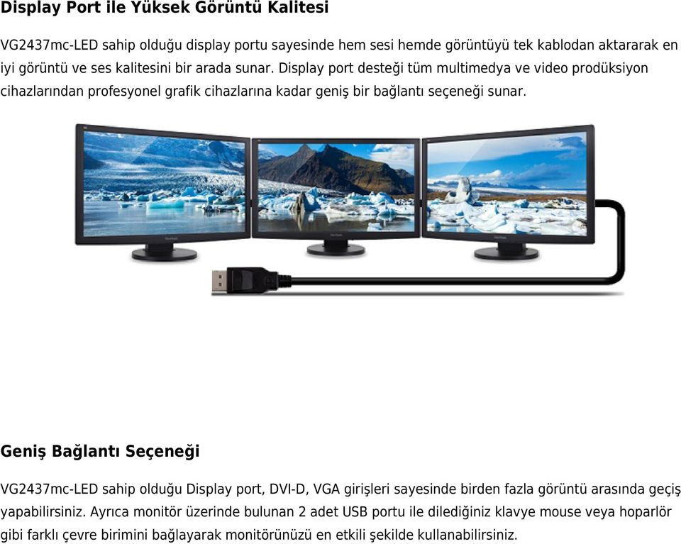 Display port desteği tüm multimedya ve video prodüksiyon cihazlarından profesyonel grafik cihazlarına kadar geniş bir bağlantı seçeneği sunar.