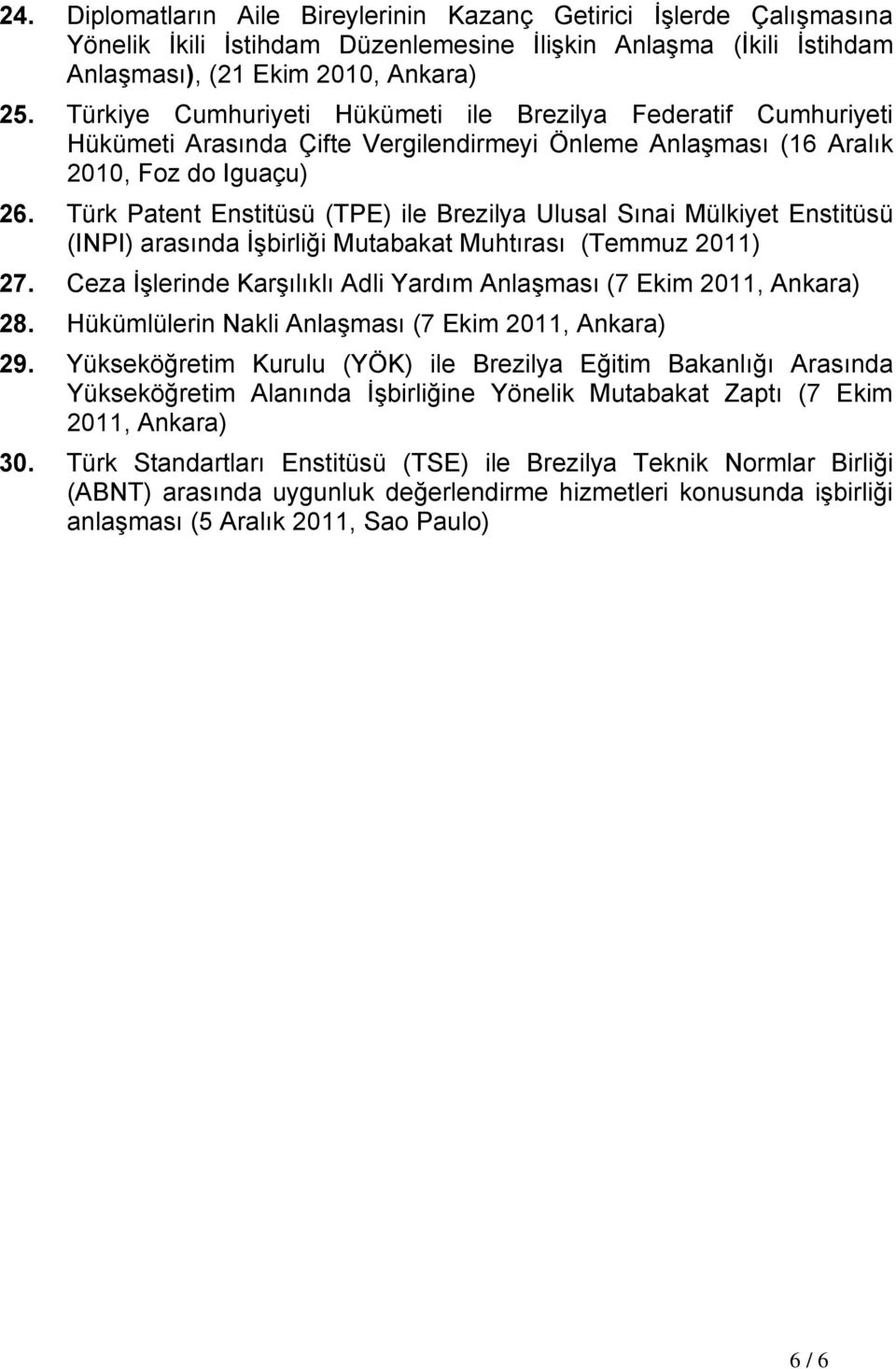 Türk Patent Enstitüsü (TPE) ile Brezilya Ulusal Sınai Mülkiyet Enstitüsü (INPI) arasında İşbirliği Mutabakat Muhtırası (Temmuz 2011) 27.