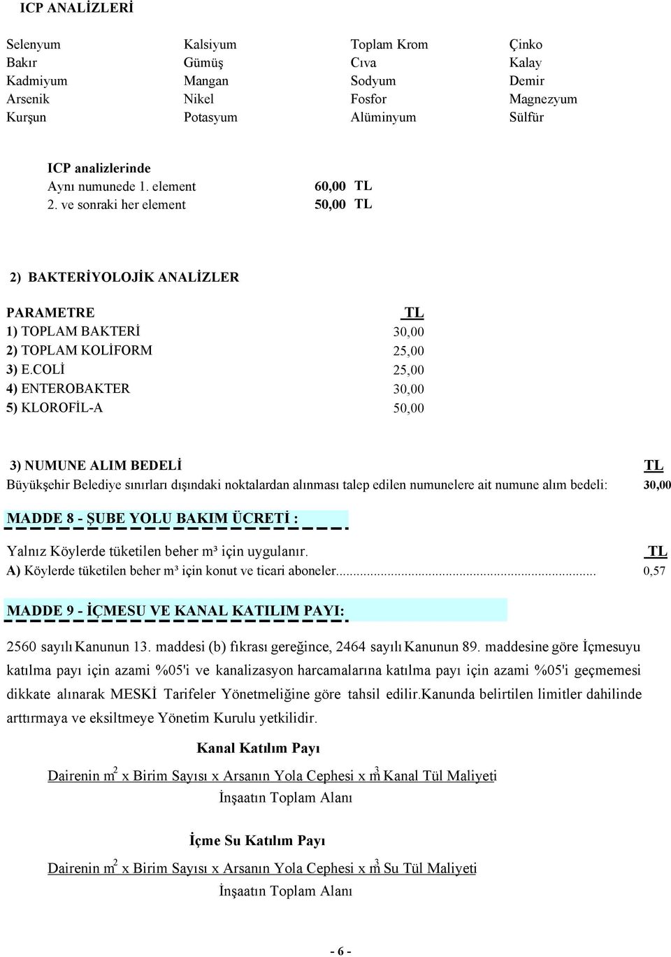 COLĐ 25,00 4) ENTEROBAKTER 30,00 5) KLOROFĐL-A 50,00 3) UMU E ALIM BEDELĐ TL Büyükşehir Belediye sınırları dışındaki noktalardan alınması talep edilen numunelere ait numune alım bedeli: 30,00 MADDE 8