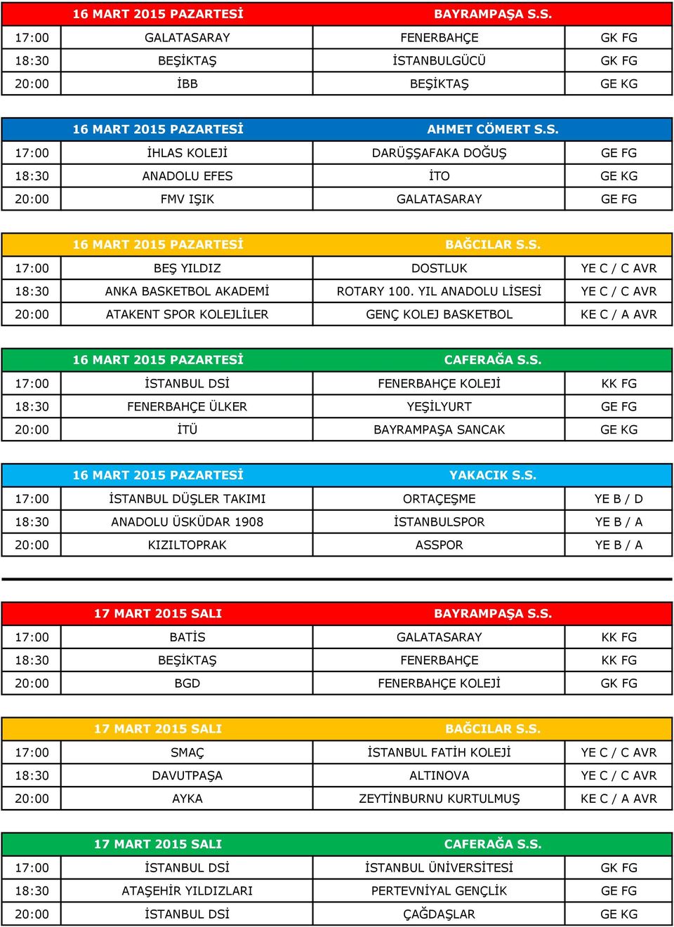 YIL ANADOLU LİSESİ YE C / C AVR 20:00 ATAKENT SPOR KOLEJLİLER GENÇ KOLEJ BASKETBOL KE C / A AVR 16 MART 2015 PAZARTESİ CAFERAĞA S.S. 17:00 İSTANBUL DSİ FENERBAHÇE KOLEJİ KK FG 18:30 FENERBAHÇE ÜLKER YEŞİLYURT GE FG 20:00 İTÜ BAYRAMPAŞA SANCAK GE KG 16 MART 2015 PAZARTESİ YAKACIK S.