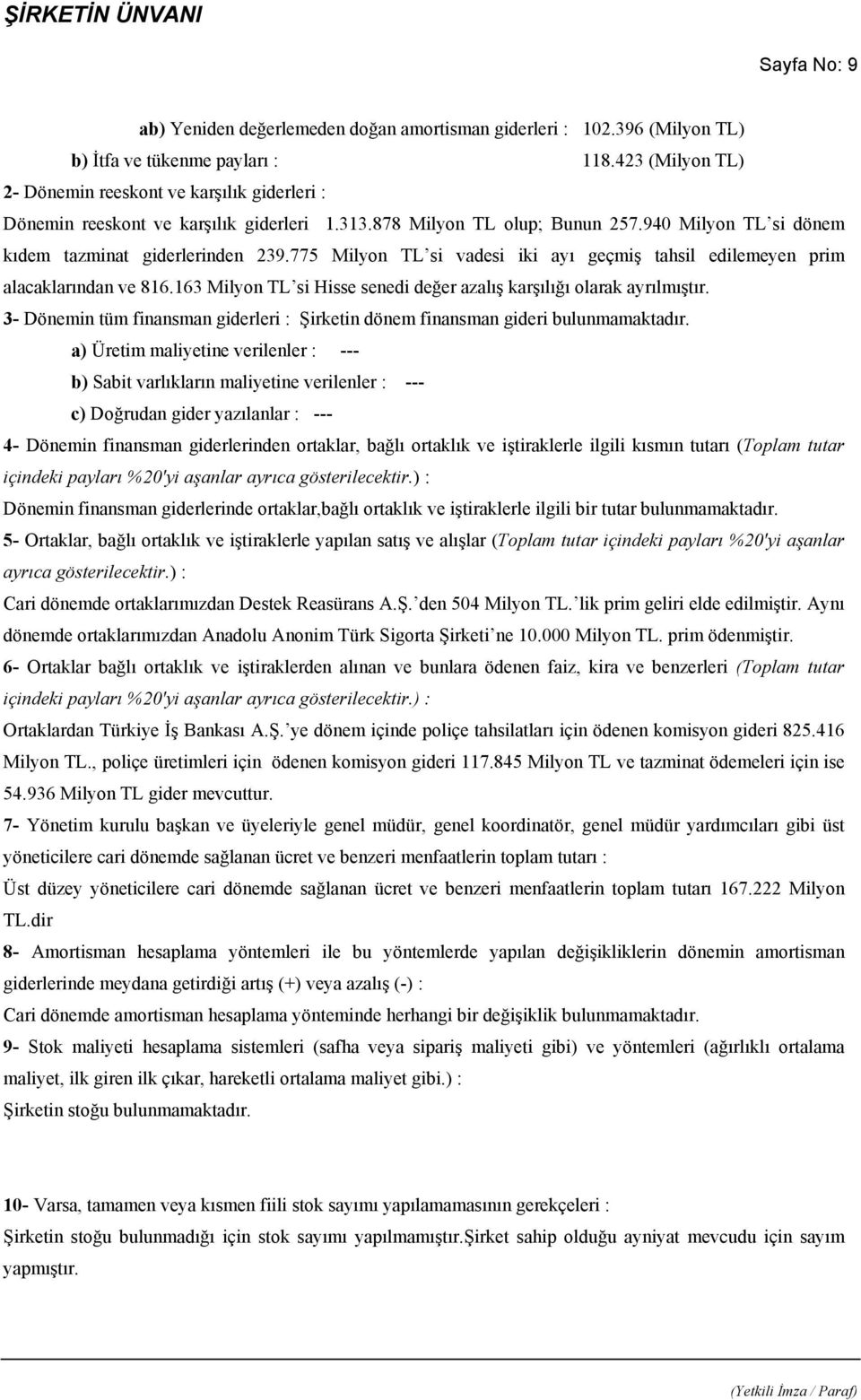 775 Milyon TL si vadesi iki ayı geçmiş tahsil edilemeyen prim alacaklarından ve 816.163 Milyon TL si Hisse senedi değer azalış karşılığı olarak ayrılmıştır.