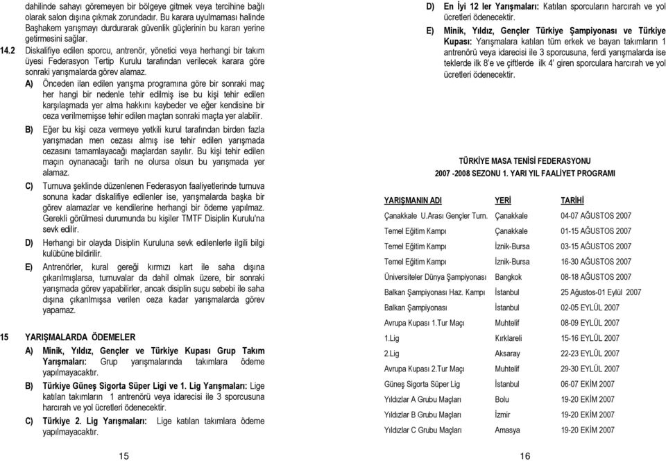 2 Diskalifiye edilen sporcu, antrenör, yönetici veya herhangi bir takım üyesi Federasyon Tertip Kurulu tarafından verilecek karara göre sonraki yarışmalarda görev alamaz.