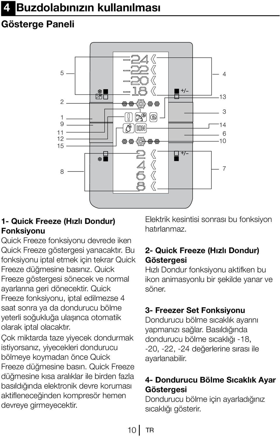 Quick Freeze fonksiyonu, iptal edilmezse 4 saat sonra ya da dondurucu bölme yeterli soğukluğa ulaşınca otomatik olarak iptal olacaktır.