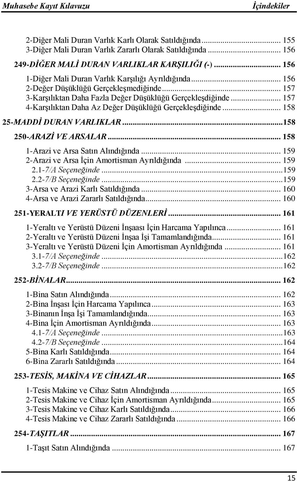 .. 157 4-Karşılıktan Daha Az Değer Düşüklüğü Gerçekleşdiğinde... 158 25-MADDĠ DURAN VARLIKLAR... 158 250-ARAZĠ VE ARSALAR... 158 1-Arazi ve Arsa Satın Alındığında.