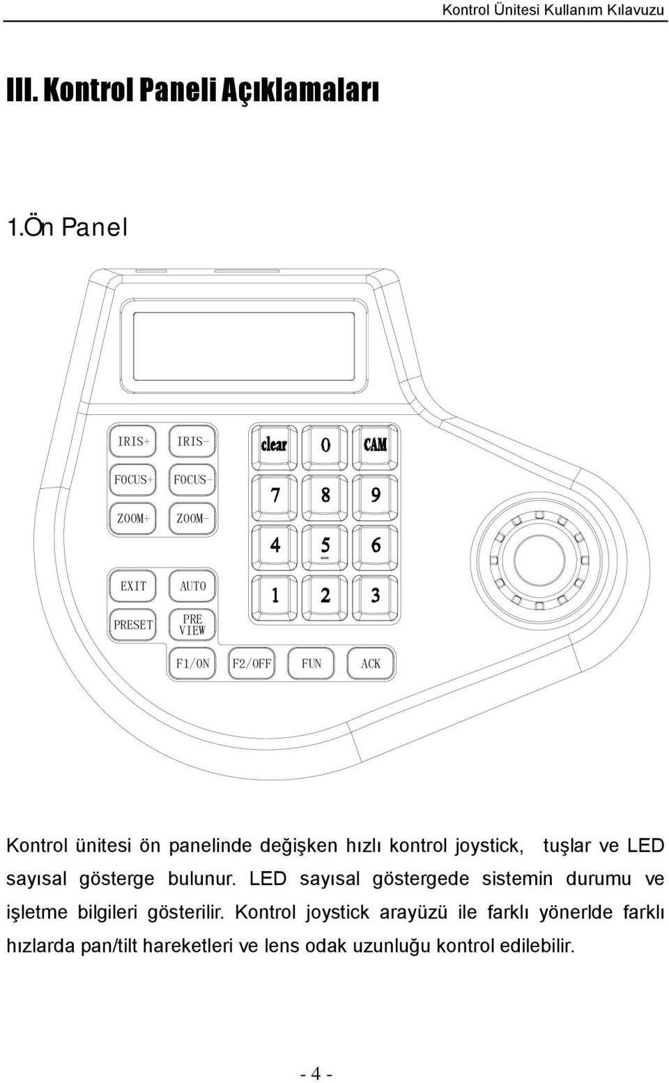 ünitesi ön panelinde değişken hızlı kontrol joystick, tuşlar ve LED sayısal gösterge bulunur.