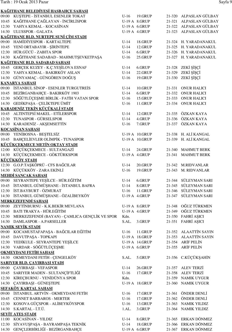 NURTEPE SUNİ ÇİM STADI 09:00 HAMİDİYESPOR - KARTALTEPE U-14 18.GRUP 21-324 H. YARADANAKUL 10:45 YENİ ORTABAYIR - ŞİRİNTEPE U-14 12.GRUP 21-325 H. YARADANAKUL 12:30 HÜR.GÜCÜ - ZABITA SPOR U-14 6.