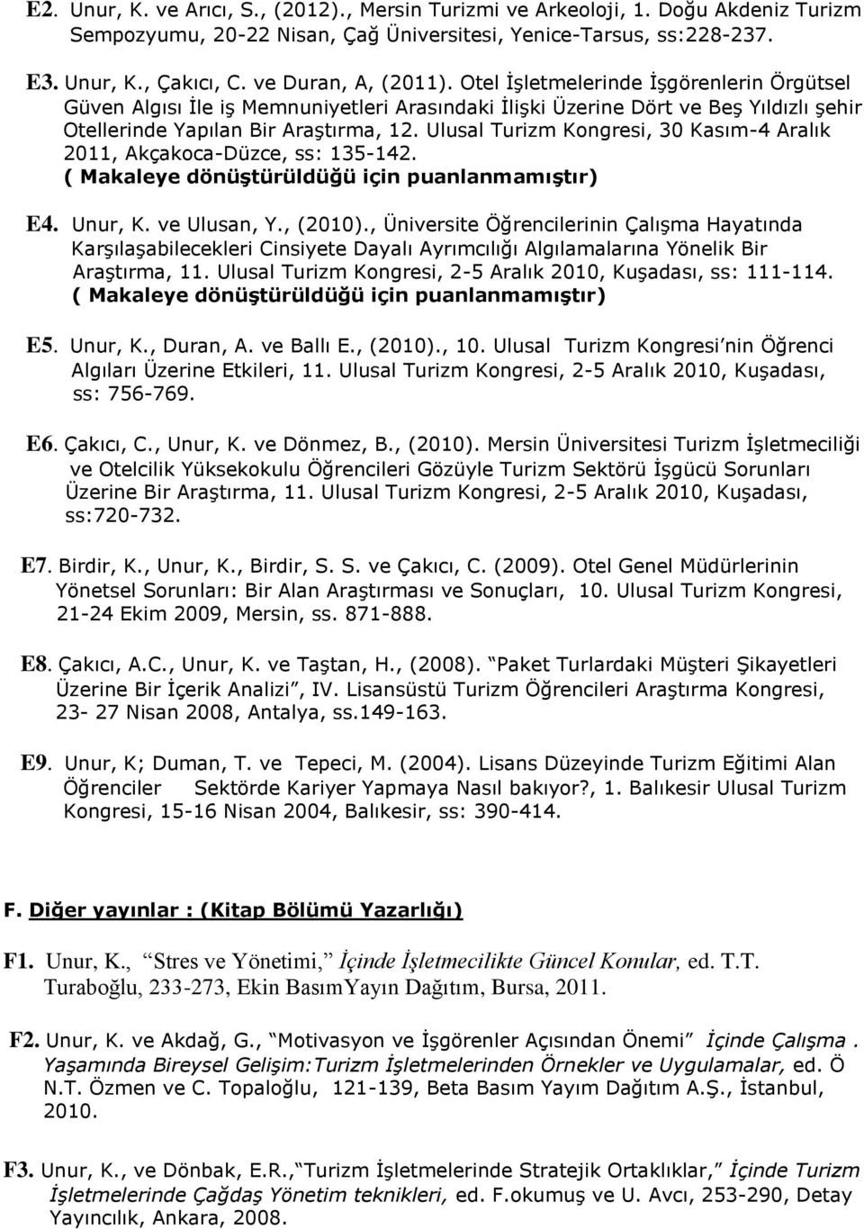 Ulusal Turizm Kongresi, 30 Kasım-4 Aralık 2011, Akçakoca-Düzce, ss: 135-142. ( Makaleye dönüştürüldüğü için puanlanmamıştır) E4. Unur, K. ve Ulusan, Y., (2010).