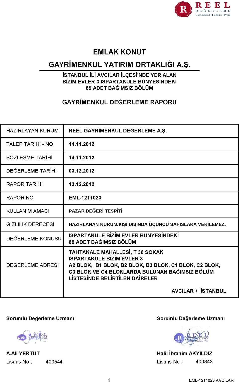 14.11.2012 SÖZLEŞME TARİHİ 14.11.2012 DEĞERLEME TARİHİ 03.12.2012 RAPOR TARİHİ 13.12.2012 RAPOR NO KULLANIM AMACI GİZLİLİK DERECESİ DEĞERLEME KONUSU DEĞERLEME ADRESİ EML-1211023 PAZAR DEĞERİ TESPİTİ HAZIRLANAN KURUM/KİŞİ DIŞINDA ÜÇÜNCÜ ŞAHISLARA VERİLEMEZ.