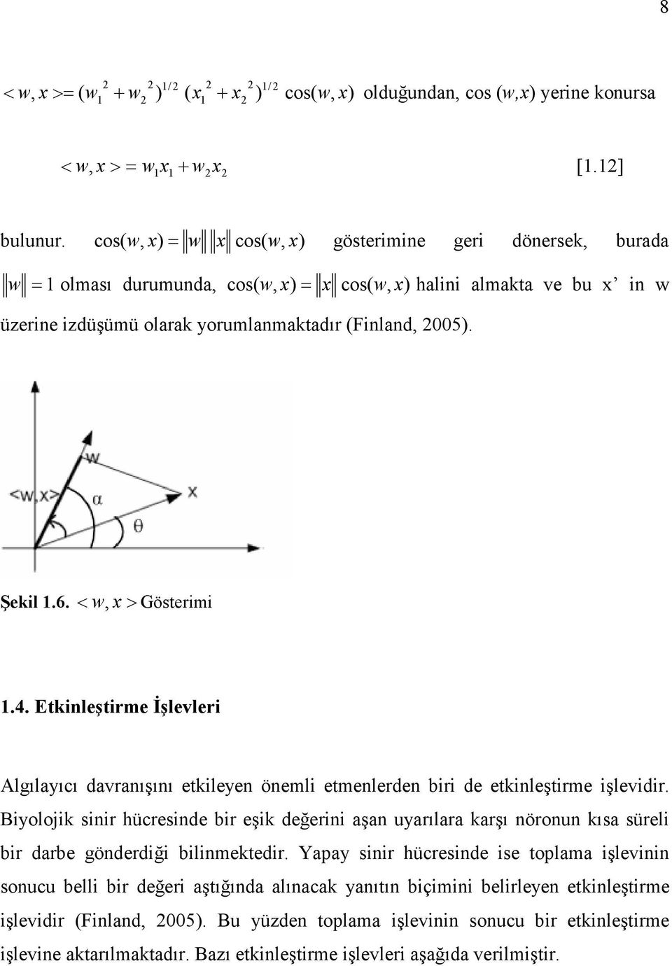 Şekil 1.6. < w, x > Gösterimi 1.4. Etkinleştirme Đşlevleri Algılayıcı davranışını etkileyen önemli etmenlerden biri de etkinleştirme işlevidir.