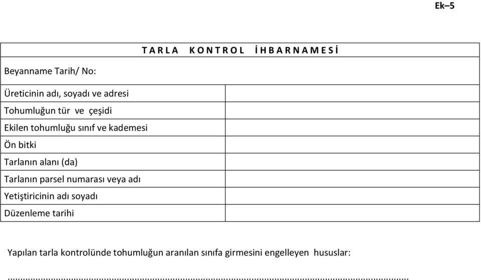 Tarlanın alanı (da) Tarlanın parsel numarası veya adı Yetiştiricinin adı soyadı Düzenleme