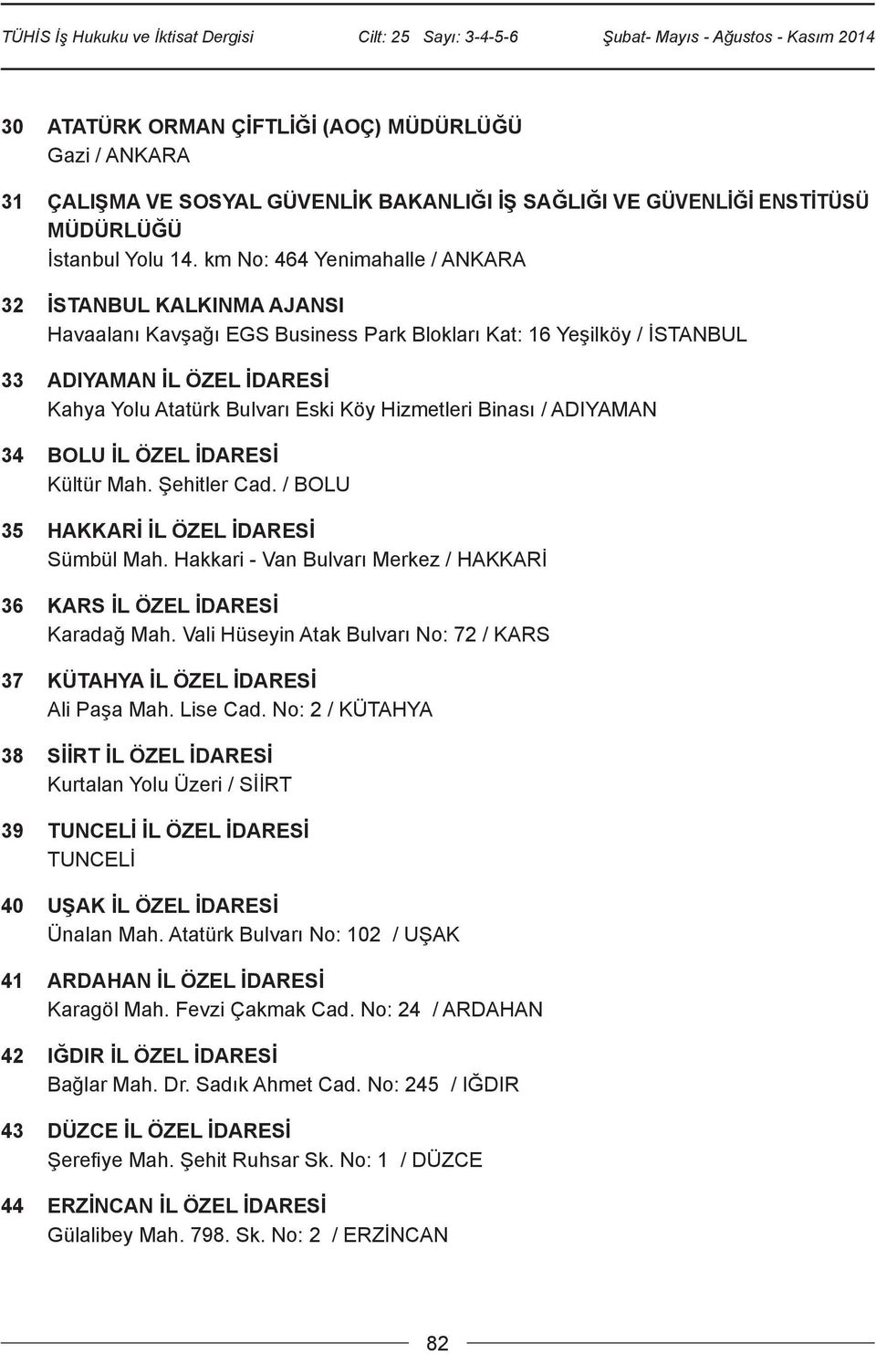 Hizmetleri Binası / ADIYAMAN 34 BOLU İL ÖZEL İDARESİ Kültür Mah. Şehitler Cad. / BOLU 35 HAKKARİ İL ÖZEL İDARESİ Sümbül Mah. Hakkari - Van Bulvarı Merkez / HAKKARİ 36 KARS İL ÖZEL İDARESİ Karadağ Mah.