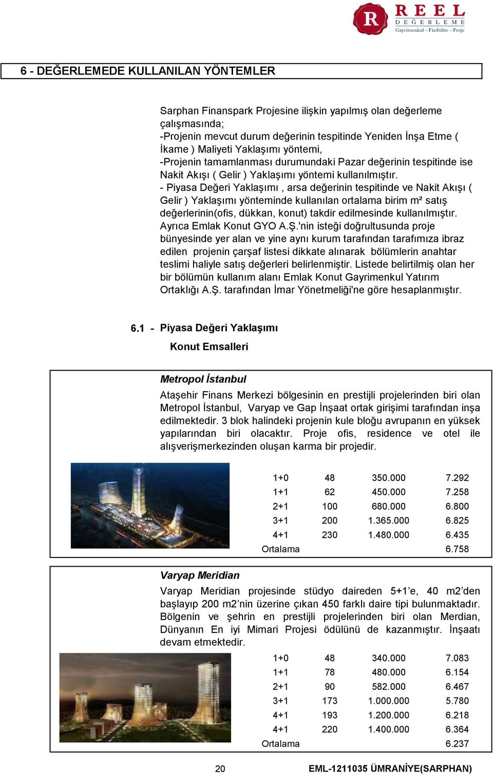 - Piyasa Değeri Yaklaşımı, arsa değerinin tespitinde ve Nakit Akışı ( Gelir ) Yaklaşımı yönteminde kullanılan ortalama birim m² satış değerlerinin(ofis, dükkan, konut) takdir edilmesinde