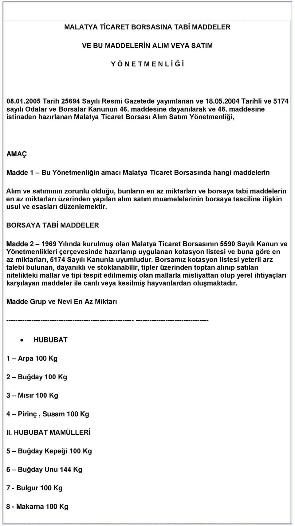 maddesine istinaden hazırlanan Malatya Ticaret Borsası Alım Satım Yönetmenliği, AMAÇ Madde 1 Bu Yönetmenliğin amacı Malatya Ticaret Borsasında hangi maddelerin Alım ve satımının zorunlu olduğu,