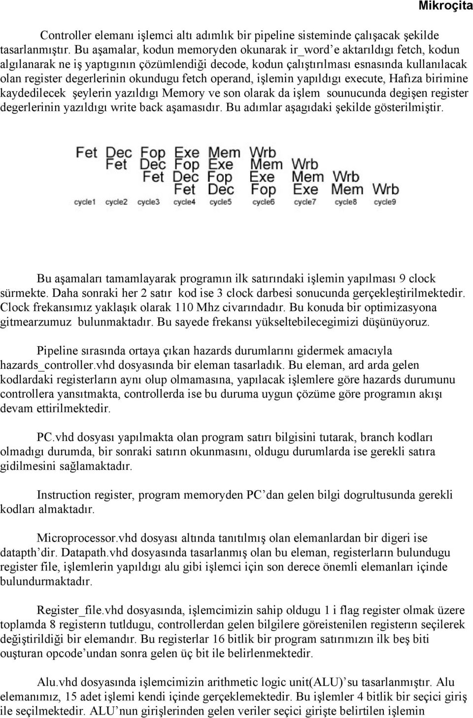 okundugu fetch operand, işlemin yapıldıgı execute, Hafıza birimine kaydedilecek şeylerin yazıldıgı Memory ve son olarak da işlem sounucunda degişen register degerlerinin yazıldıgı write back