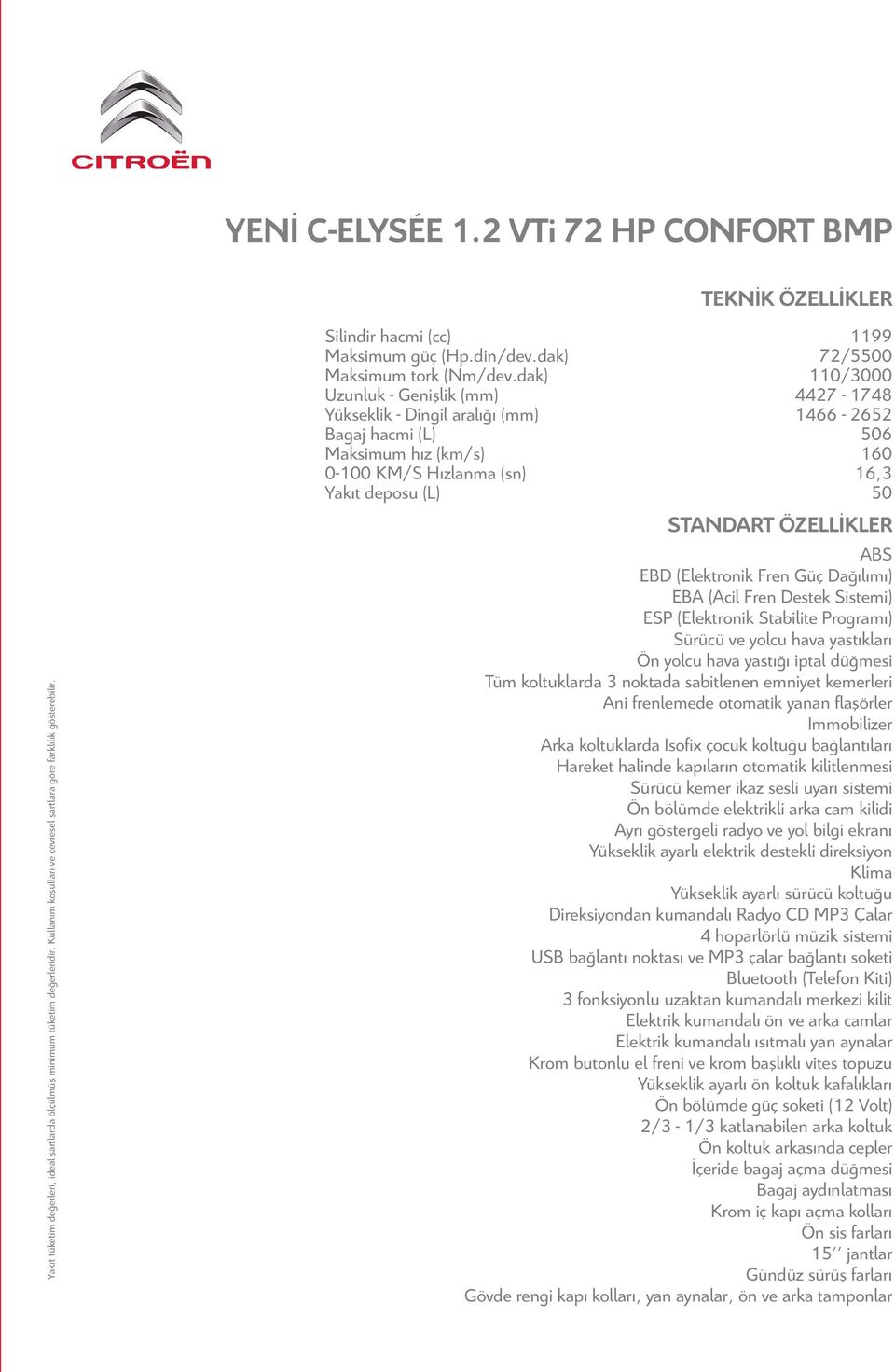 dak) 110/3000 Uzunluk - Genişlik (mm) 4427-1748 Yükseklik - Dingil aralığı (mm) 1466-2652 agaj hacmi (L) 506 Maksimum hız (km/s) 160 0-100 KM/S Hızlanma (sn) 16,3 Yakıt deposu (L) 50 STANDART