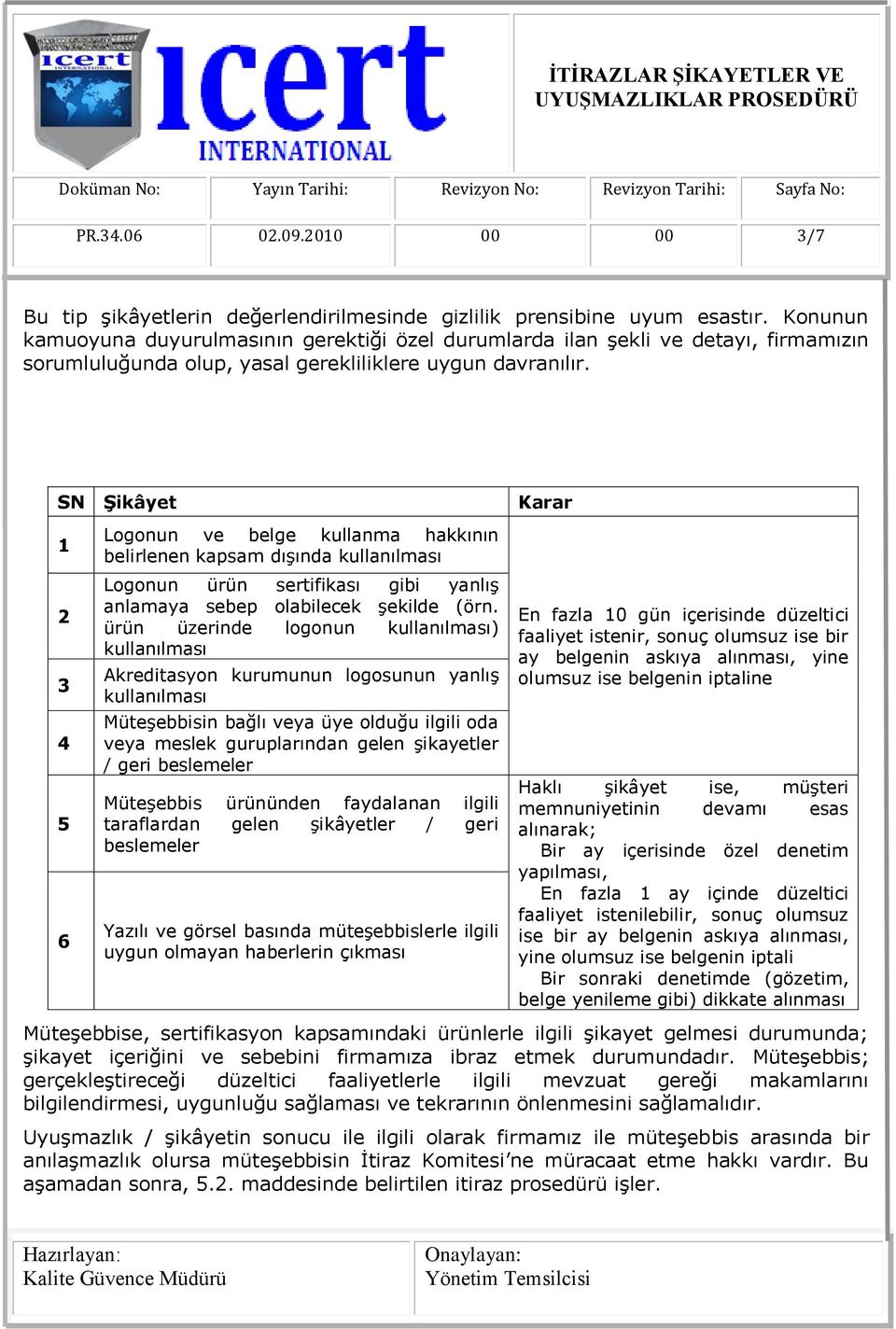 SN Şikâyet 1 2 3 4 5 6 Logonun ve belge kullanma hakkının belirlenen kapsam dıģında kullanılması Logonun ürün sertifikası gibi yanlıģ anlamaya sebep olabilecek Ģekilde (örn.