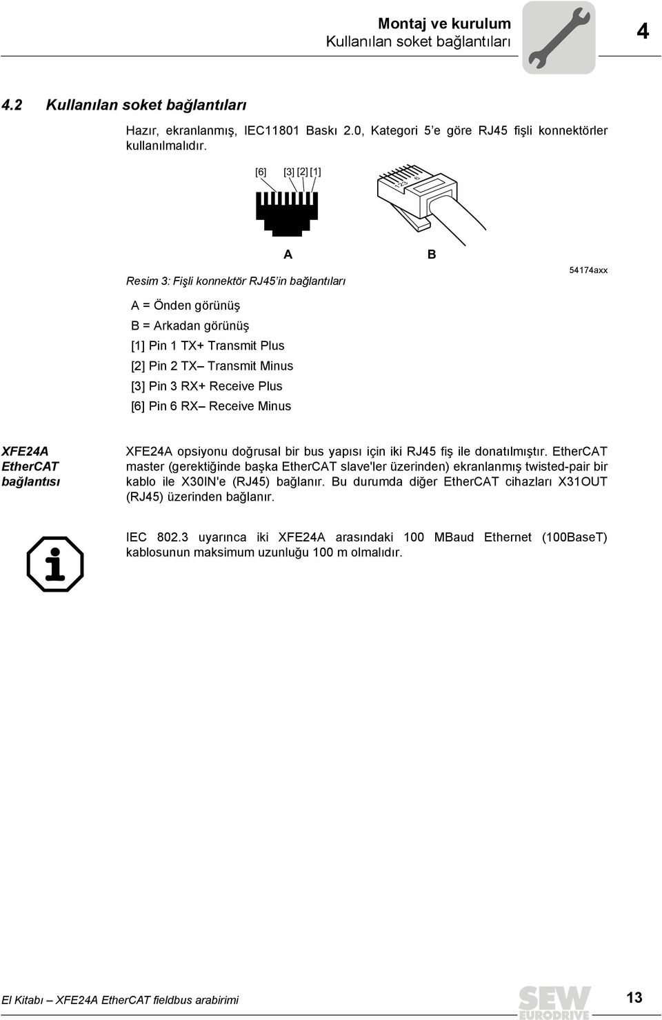 6 RX Receive Minus B 54174axx XFE24A EtherCAT bağlantısı XFE24A opsiyonu doğrusal bir bus yapısı için iki RJ45 fiş ile donatılmıştır.