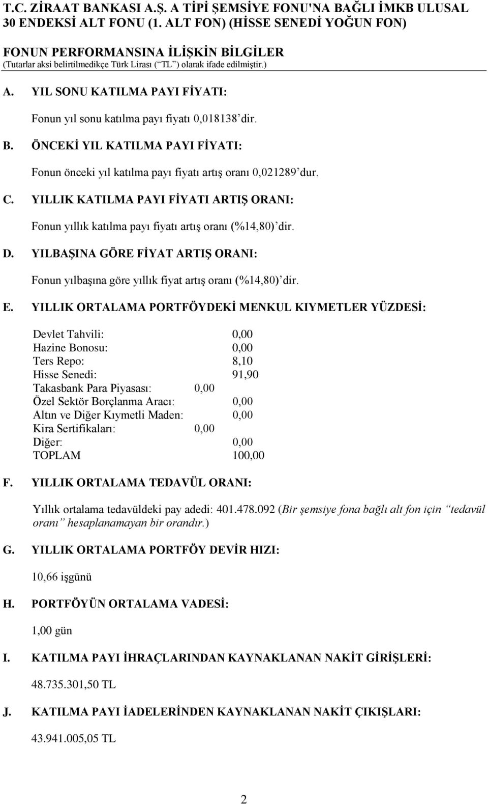 E. YILLIK ORTALAMA PORTFÖYDEKİ MENKUL KIYMETLER YÜZDESİ: Devlet Tahvili: 0,00 Hazine Bonosu: 0,00 Ters Repo: 8,10 Hisse Senedi: 91,90 Takasbank Para Piyasası: 0,00 Özel Sektör Borçlanma Aracı: 0,00