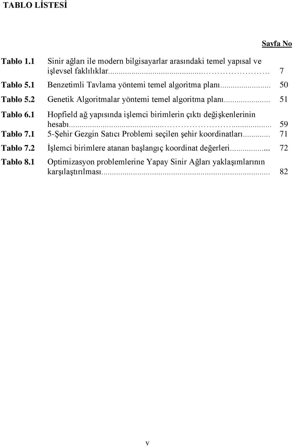 1 Hopfield ağ yapısında işlemci birimlerin çıktı değişkenlerinin hesabı...... 59 Tablo 7.