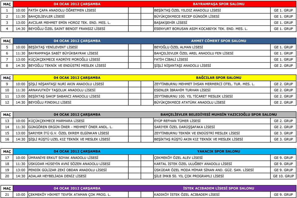 GRUP 4 14:30 BEYOĞLU ÖZEL SAINT BENOIT FRANSIZ LİSESİ ESENYURT BORUSAN ASIM KOCABIYIK TEK. END. MES. L. GE 1.