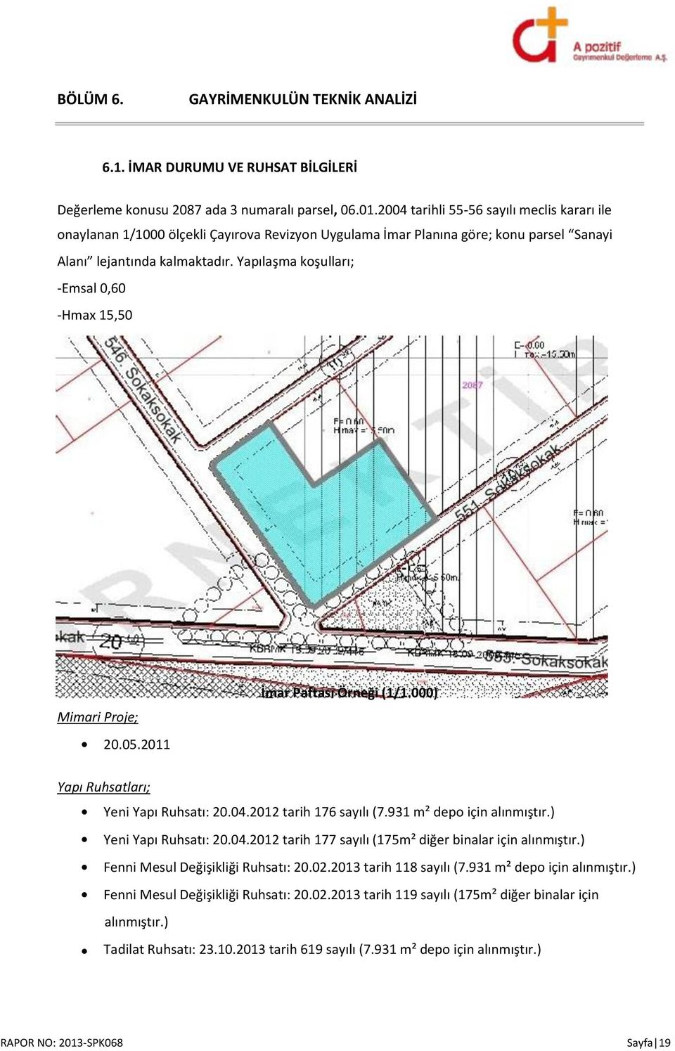 Yapılaşma koşulları; -Emsal 0,60 -Hmax 15,50 Mimari Proje; 20.05.2011 İmar Paftası Örneği (1/1.000) Yapı Ruhsatları; Yeni Yapı Ruhsatı: 20.04.2012 tarih 176 sayılı (7.931 m² depo için alınmıştır.