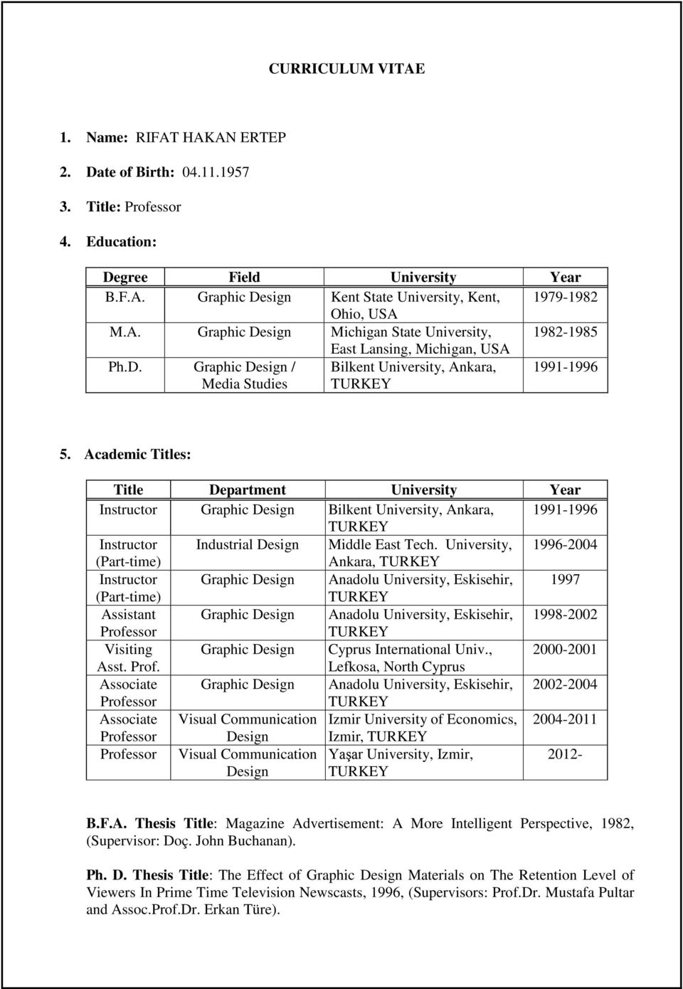 Academic Titles: Title Department University Year Instructor Graphic Design Bilkent University, Ankara, 1991-1996 Instructor Industrial Design Middle East Tech.