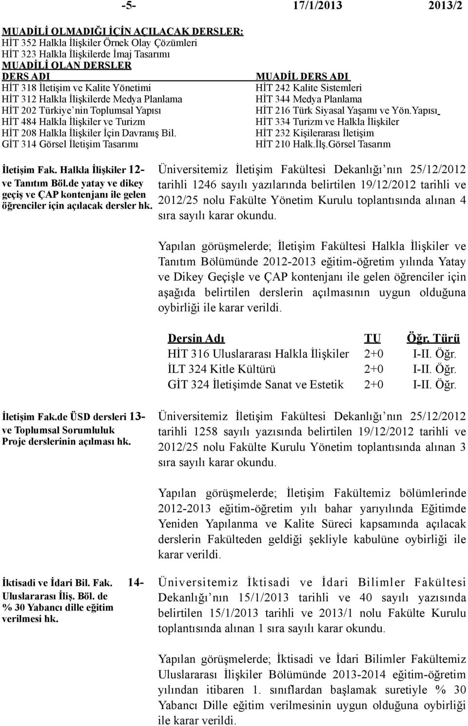 GİT 314 Görsel İletişim Tasarımı MUADİL DERS ADI HİT 242 Kalite Sistemleri HİT 344 Medya Planlama HİT 216 Türk Siyasal Yaşamı ve Yön.