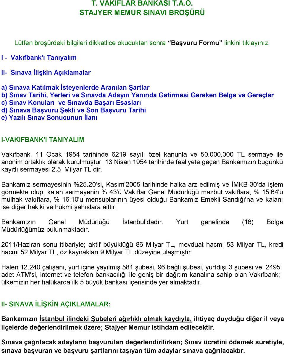 Sınav Konuları ve Sınavda Başarı Esasları d) Sınava Başvuru Şekli ve Son Başvuru Tarihi e) Yazılı Sınav Sonucunun İlanı I-VAKIFBANK'I TANIYALIM Vakıfbank, 11 Ocak 1954 tarihinde 6219 sayılı özel