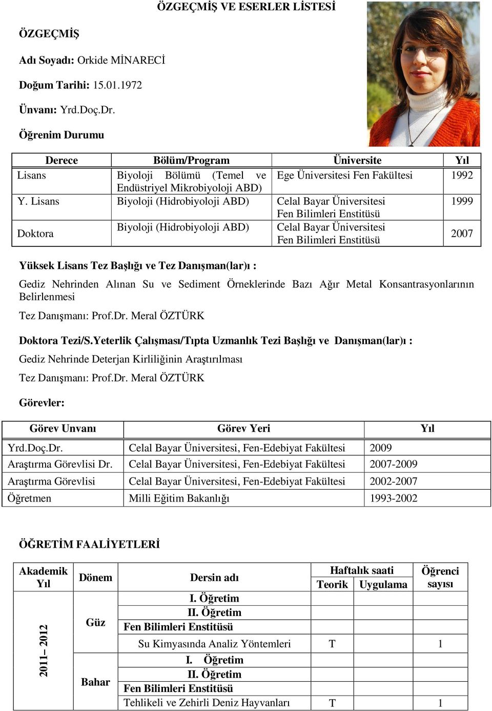 Lisans Biyoloji (Hidrobiyoloji ABD) Celal Bayar Üniversitesi 1999 Fen Bilimleri Enstitüsü Doktora Biyoloji (Hidrobiyoloji ABD) Celal Bayar Üniversitesi Fen Bilimleri Enstitüsü 2007 Yüksek Lisans Tez