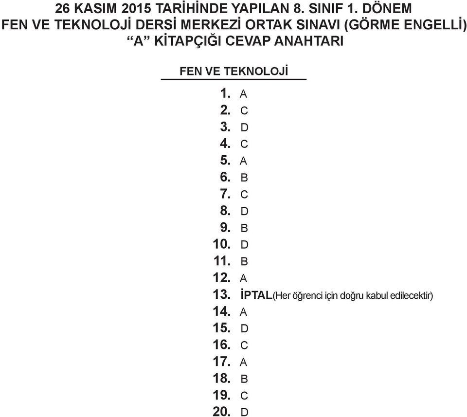 CEVAP ANAHTARI FEN VE TEKNOLOJİ 1. A 2. C 3. D 4. C 5. A 6. B 7. C 8. D 9.