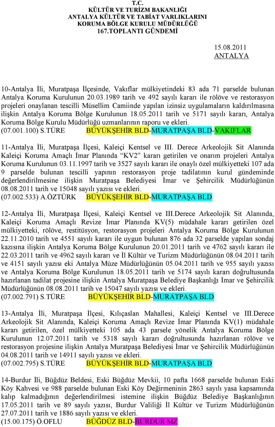 2011 tarih ve 5171 sayılı kararı, Antalya Koruma Bölge Kurulu Müdürlüğü uzmanlarının raporu ve ekleri. (07.001.100) S.