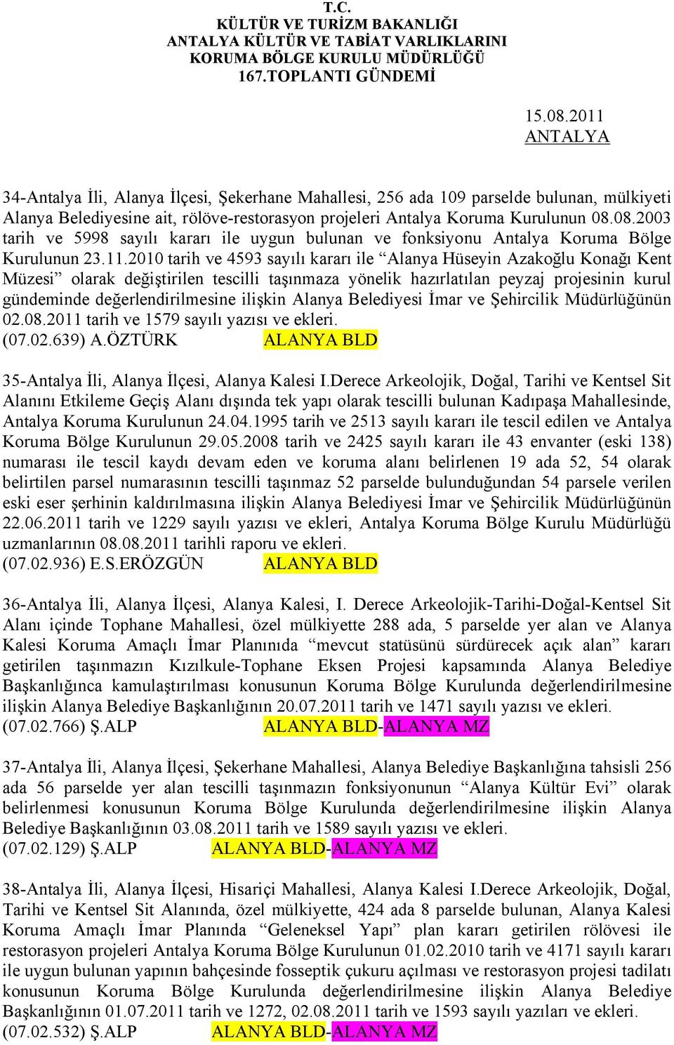 08.2003 tarih ve 5998 sayılı kararı ile uygun bulunan ve fonksiyonu Antalya Koruma Bölge Kurulunun 23.11.