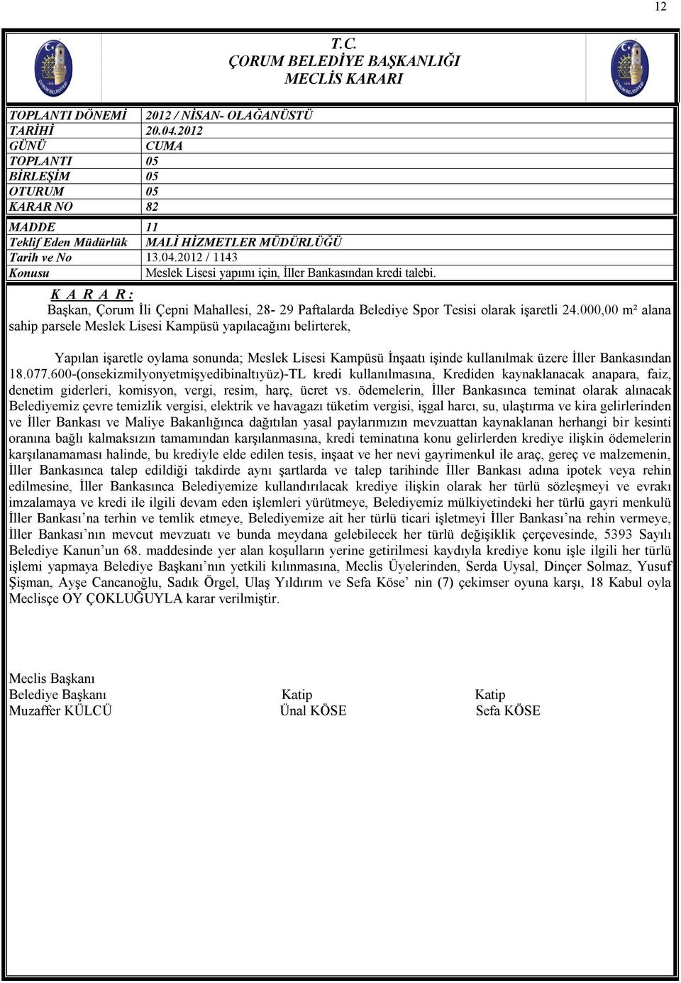 000,00 m² alana sahip parsele Meslek Lisesi Kampüsü yapılacağını belirterek, Yapılan işaretle oylama sonunda; Meslek Lisesi Kampüsü İnşaatı işinde kullanılmak üzere İller Bankasından 18.077.