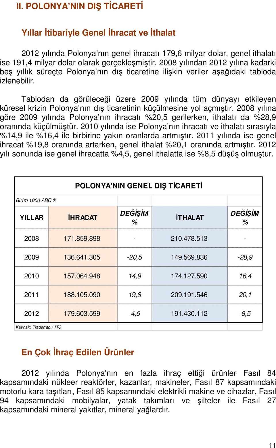 Tablodan da görüleceği üzere 2009 yılında tüm dünyayı etkileyen küresel krizin Polonya nın dış ticaretinin küçülmesine yol açmıştır.