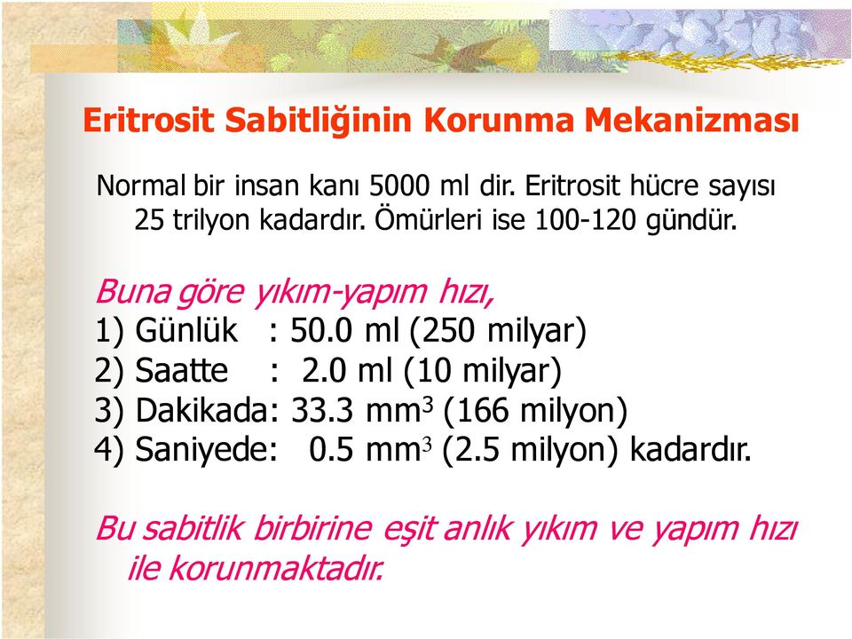 Buna göre yıkım-yapım yapım hızı, 1) Günlük : 50.0 ml (250 milyar) 2) Saatte : 2.