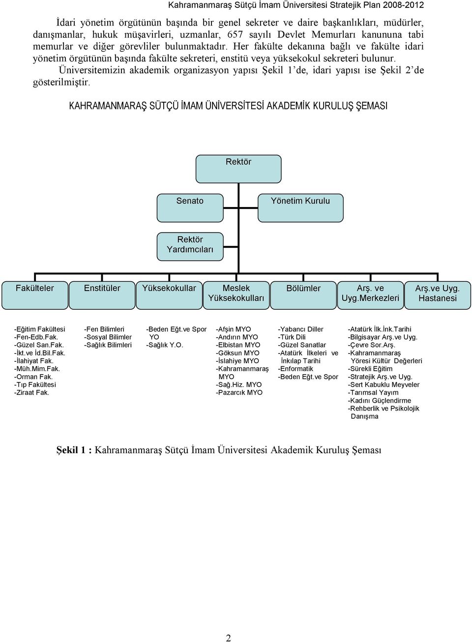 Üniversitemizin akademik organizasyon yapõsõ Şekil 1 de, idari yapõsõ ise Şekil 2 de gösterilmiştir.