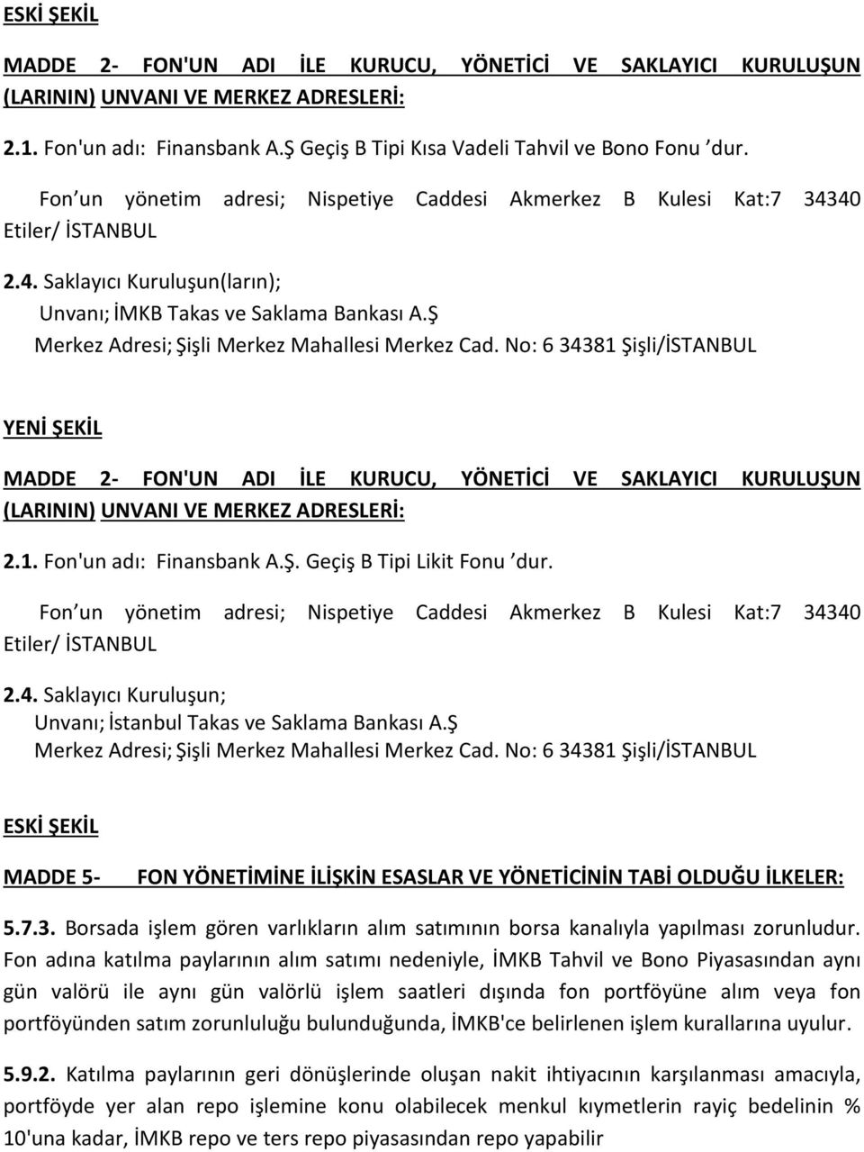 Ş Merkez Adresi; Şişli Merkez Mahallesi Merkez Cad. No: 6 34381 Şişli/İSTANBUL MADDE 2- FON'UN ADI İLE KURUCU, YÖNETİCİ VE SAKLAYICI KURULUŞUN (LARININ) UNVANI VE MERKEZ ADRESLERİ: 2.1. Fon'un adı: Finansbank A.