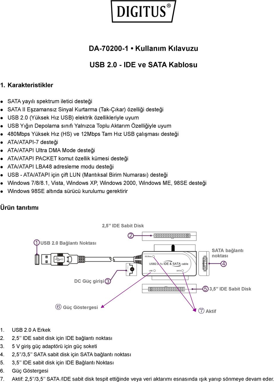 ATA/ATAPI Ultra DMA Mode desteği ATA/ATAPI PACKET komut özellik kümesi desteği ATA/ATAPI LBA48 adresleme modu desteği USB - ATA/ATAPI için çift LUN (Mantıksal Birim Numarası) desteği Windows 7/8/8.